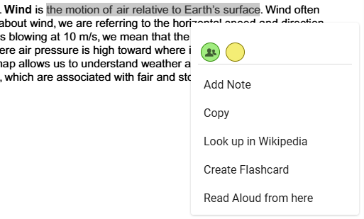 Flashcard popup over the text